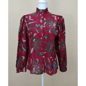 Vtg Condor Womens Top Sz 11 12 Red Floral Puffy Sleeves Button Front Wool Large